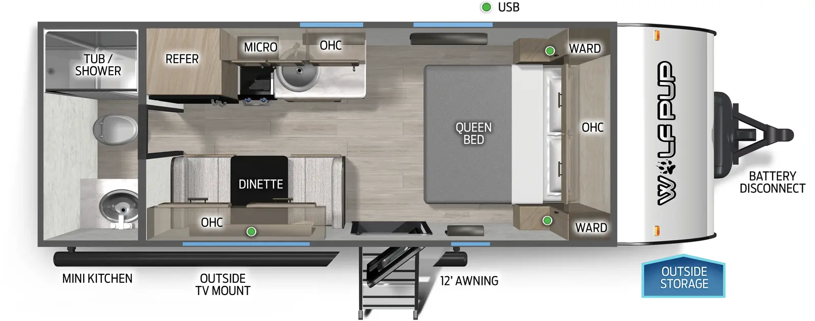 The Wolf Pup 16FQW floorplan has one entry and zero slide outs. Exterior features include: metal exterior, 12' awning and outside kitchen. Interiors features include: front bedroom and rear bathroom.